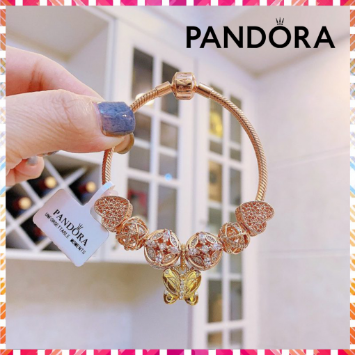 PANDORA-パンドラ-チャームセット-ブレスレット-バングル-蝶の形-バラの金-ファッション-春夏-1